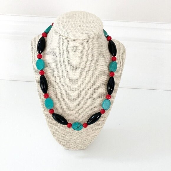 NWT Genuine Red Turquoise, Turquoise, Black Onyx Beaded Necklace Blue Black Red - Picture 1 of 5